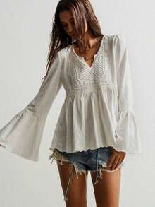 Blusa casual de mujer con mangas acampanadas en color amarillo, estilo bohemio adecuada para Pascua, playa, Hawái, festival de música Coachella, vacaciones tropicales - Blanco - Ver 5