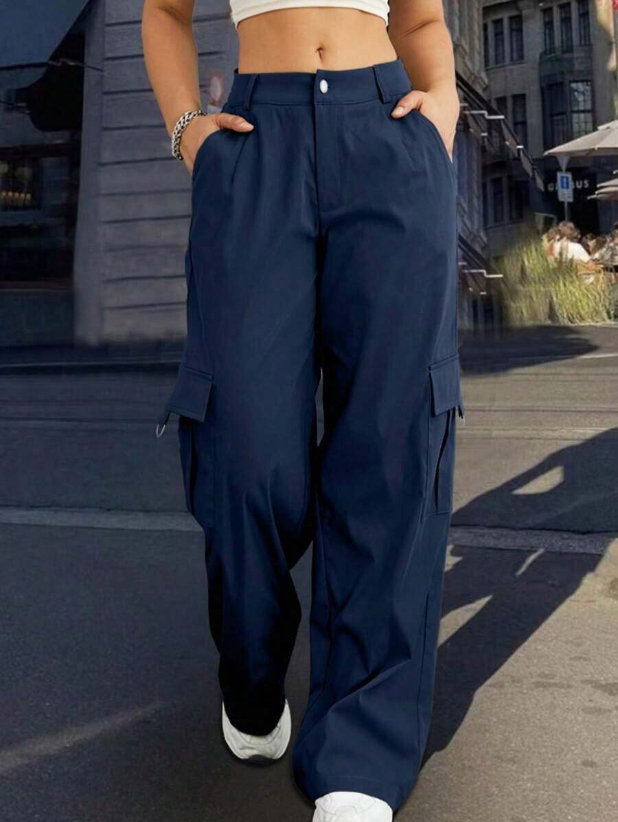 Pantalones cargo casuales negros de primavera con bolsillo con solapa lateral - Azul marino - Ver 1