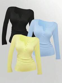 Camiseta casual de manga larga con cremallera hasta la mitad y ajustada para mujer - Multicolor 3 - Ver 7