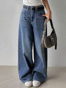 Jeans casuales de mujer de pierna ancha, unicolor, con bolsillo cargo suelto - Azul lavado medio - Ver 7