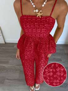 Conjunto de 2 piezas de top de tirantes y pantalones de estilo jacquard elegante para mujer, para verano - Rosa Roja - Ver 6