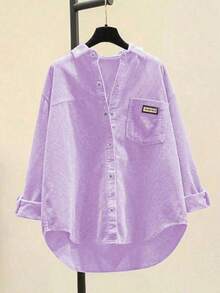 Camisa de manga larga casual de mujer de pana con bordado de letras, primavera - rosa púrpura - Ver 3