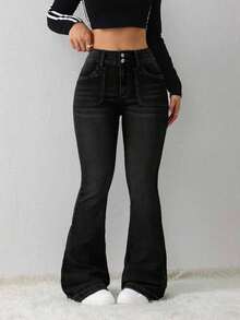 Tall Jeans casuales de mujer, jeans ajustados elásticos acampanados - Negro - Ver 6