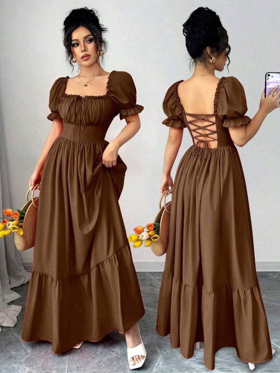 Vestido de mujer con cuello cuadrado, mangas abullonadas, nudo delantero, espalda descubierta y cintura ceñida - Cafetería - Ver 1