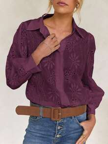 Blusa blanca de mujer, blusa blanca de manga larga con empuñadura de unicolor bordada, adecuada para uso diario, viajes, Día de la Madre, cumpleaños y fiestas en la playa - Rojo violeta - Ver 11