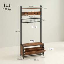 Coat Rack With Shoe Storage Bench And Grid Panel, Hall Tree, 5-In-1 Industrial Coat Rack Stand With Shoe Cabinet And 10 Hooks For Hallway, Entryway, Living Room, Rustic Brown - Rustic Brown - View 5