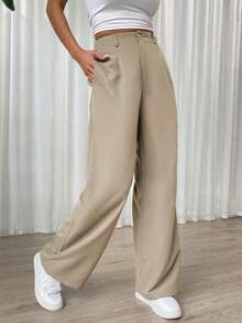 Pantalones rectos de cintura alta de color liso informal - Albaricoque - Ver 6