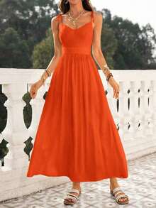 Vestido de playa para mujer con cuello en V, espalda descubierta, cintura ceñida y bajo suelto - Naranja - Ver 5