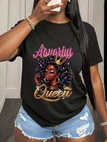 1 Piece Graphic T-Shirt With Aquarius Zodiac Sign, Woman With Camouflage Hat And Gold Hoop Earrings, For Astrology Lovers And Sign Enthusiasts, Casual Summer Style, Style Statement Piece, 180g 100% Cotton. - 4 - 查看 9