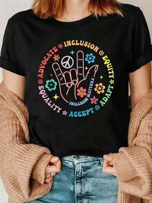 Camiseta de manga corta con cuello redondo para mujer, con estampado de gestos circulares, para primavera y verano. - Negro - Ver 5