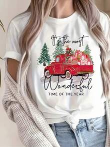 Playera de Mujer con Estampado de Camión Navideño "Wonderful Time" Estilo Festivo Vintage Manga Corta Cuello Redondo Suave - Blanco - Ver 2