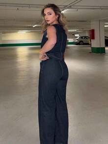 Conjunto de 2 piezas de chaleco y pantalones vaqueros casuales para mujer, minimalista y de moda para el uso diario - Azul lavado medio - Ver 2