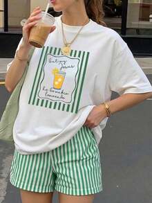 Camiseta de manga corta estampada para mujer, 100% algodón, estilo veraniego, tejido de algodón puro, diseño multifuncional, corte regular, 1 unidad. - Blanco - Ver 1