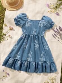 Young Girl Summer New Chiffon Slanted Stripe Printed Faux Embroidery Puff Sleeve Square Collar Patchwork Fishtail Casual Retro Dress, Suitable For Beach Vacation - Navy Blue - View 2