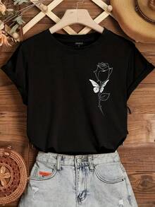 Playera de Mujer con Estampado de Rosa y Mariposa Estilo Lineal Minimalista Manga Corta Cuello Redondo Casual Suave Moda - Negro - Ver 7