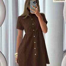 Women's Solid Color Single-Breasted Casual Party Outing Mini Dress,Summer Dresses For Women - Marrón - Ver 1