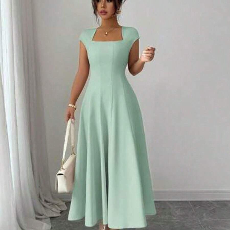 Elenzya Women's Elegant Commuting, Beach, Vacation, Music Festival, Beer Festival Solid Color Square Neck Waist Tie A-Line Short Sleeve Midi Dress, Spring/Summer - verde menta - Ver 1