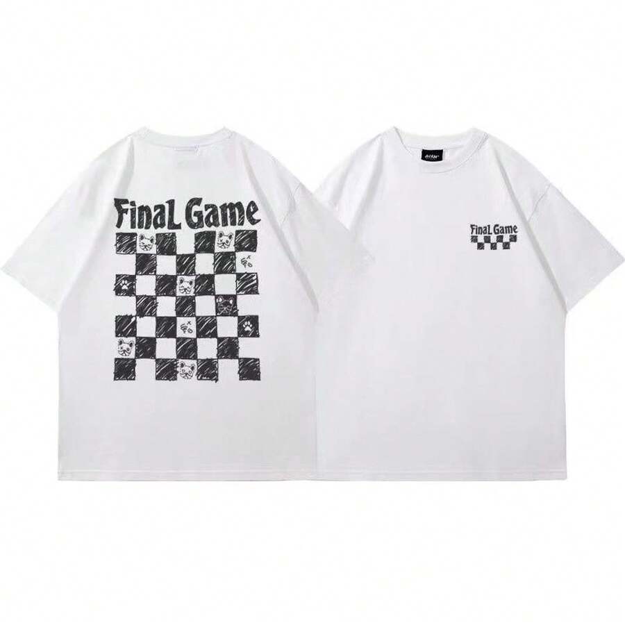Camiseta de manga corta de estilo japonés, holgada y casual, con estampado de tablero de ajedrez pintado a mano, para parejas, hombres y mujeres. - Blanco - Ver 1