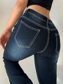 Jeans acampanados de tiro bajo casuales de mezclilla estilo streetwear Y2K para mujer, de vuelta a la escuela, otoño y primavera - Azul - Ver 5