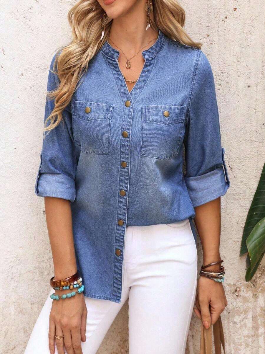 Camisa vaquera casual de mujer con cuello en V, abotonadura sencilla, dobladillo y puños - Azul 2 - Ver 1