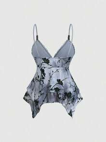 Nuevo conjunto de fiesta navideña para mujer, adecuado para Año Nuevo, Acción de Gracias, playa, fiesta, viaje diario, vacaciones.Camiseta de volantes asimétrica de doble capa con estampado floral marrón, lazo de cinta reversible en la parte delantera, decoración de cuentas de madera delicadas, camiseta de tirantes con cuello en V de moda vintage - Niebla azul - Ver 2