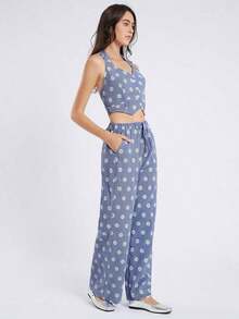 Conjunto de top de tirantes y pantalones casuales relajados con estampado de margaritas bordadas en cuadros azules y blancos para mujer en otoño/invierno - Azul y blanco - Ver 9
