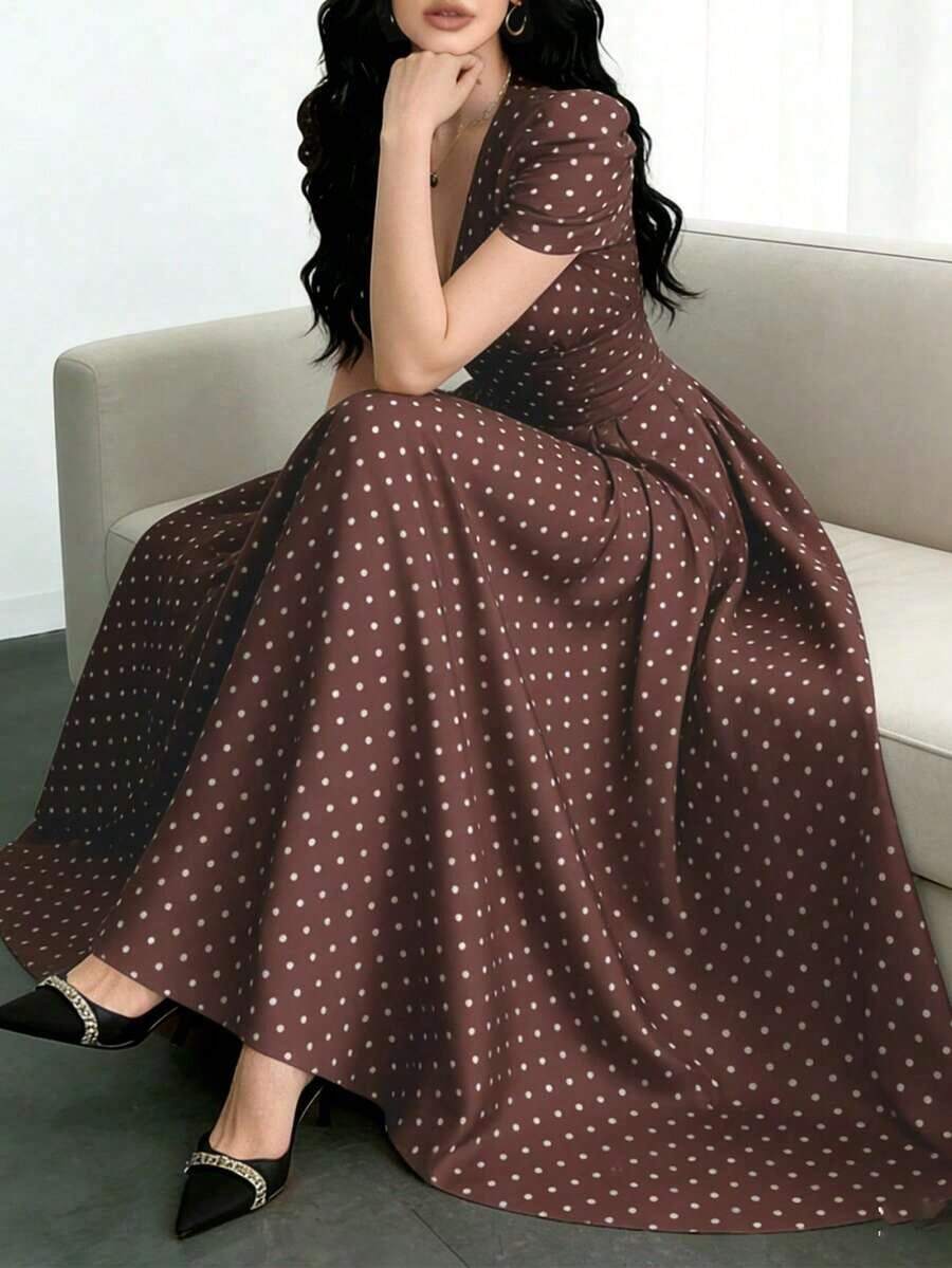 Vestido de mujer de ajuste ceñido con cuello cruzado, botones de perlas y mangas abullonadas - Multicolor 4 - Ver 1