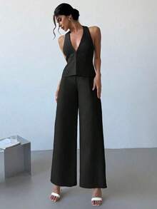 Set de 2 piezas: Elegante chaleco sin mangas de lino ligero con cuello en V y pantalones anchos de pierna plisada de cintura alta, conjunto casual de negocios para ir al trabajo, primavera/verano, graduación, atuendos de maestras, regreso a la esc - Negro - Ver 7