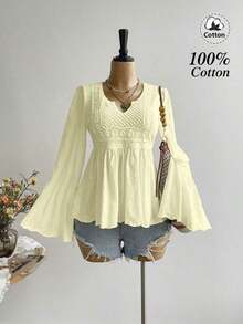 Blusa casual de mujer con mangas acampanadas en color amarillo, estilo bohemio adecuada para Pascua, playa, Hawái, festival de música Coachella, vacaciones tropicales - Amarillo claro - Ver 9