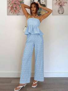 Conjunto de 2 piezas de top de tirantes y pantalones de estilo jacquard elegante para mujer, para verano - Celeste - Ver 3
