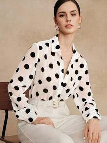 Blusa de manga larga de chifón con elegante estampado de lunares retro francés de alta calidad, camisa versátil con estampado de lunares para atuendos de oficina y vacaciones - Blanco - Ver 3