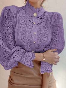 Blusa de primavera con cuello Mao de encaje floral y abotonadura hueca para mujer - Morado - Ver 5