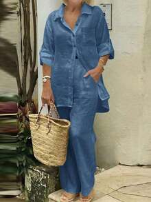 Cardigan casual con cuello polo ligero, blusa elegante de unicolor versátil adecuada para la playa, el diario, el trabajo, las compras, de tela suave, pantalones sueltos con cintura elástica, conjunto de 2 piezas, primavera/verano/otoño - Azul - Ver 4