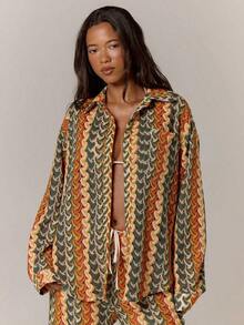 Resort Kimono de Manga Larga con Patrón Texturizado, Estilo Boho Ibiza, Lindo y Sexy, para Vacaciones de Verano, Playa, Traje de Baño, Ropa de Playa, Rayas, Otoño, Primavera, Vacaciones, Carnaval, Festival - Naranja - Ver 1