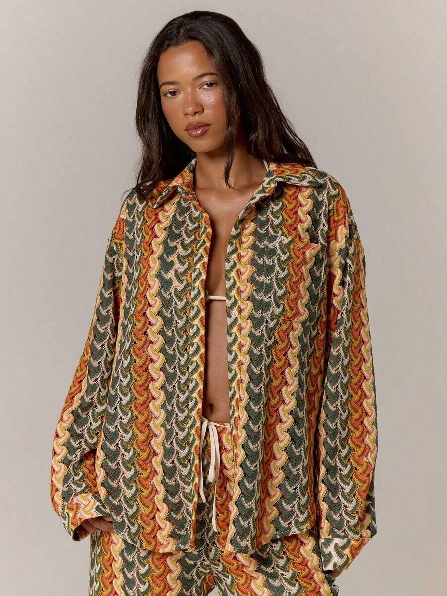 Resort Kimono de Manga Larga con Patrón Texturizado, Estilo Boho Ibiza, Lindo y Sexy, para Vacaciones de Verano, Playa, Traje de Baño, Ropa de Playa, Rayas, Otoño, Primavera, Vacaciones, Carnaval, Festival - Naranja - Ver 1