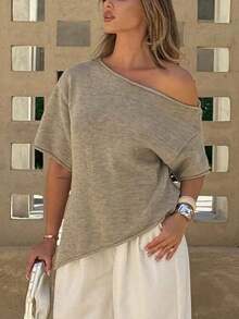 Blusa holgada de estilo sexy con hombros descubiertos, cuello enrollado, mangas enrolladas, bajo asimétrico, unicolor, de manga corta, de punto, casual, suelta, tipo murciélago, sobredimensionada, camiseta sexy, primavera, verano, otoño - Caqui - Ver 3