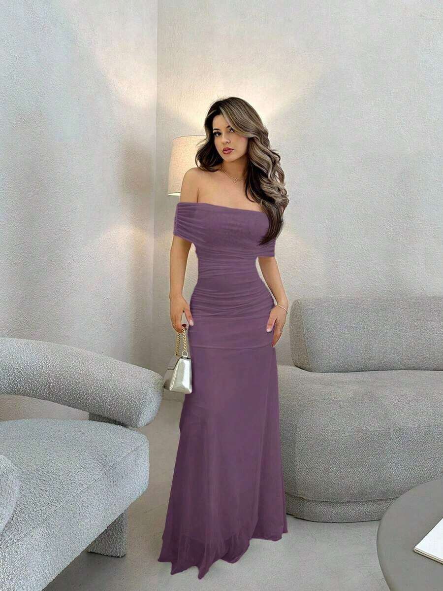 Vestido de mujer con escote ilusión descubierto de hombros y cintura fruncida, elegante para bodas y citas - Morado - Ver 1