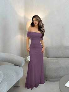 Vestido de mujer con escote ilusión descubierto de hombros y cintura fruncida, elegante para bodas y citas - Morado - Ver 7
