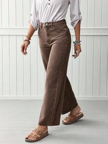 Jeans de pierna recta de talle alto - Marrón - Ver 5