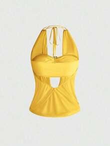 Top sin tirantes estilo retro Y2K para mujer, primavera/verano, con escote profundo y espalda descubierta, estilo callejero (incluye forro de tubo). - Amarillo - Ver 2