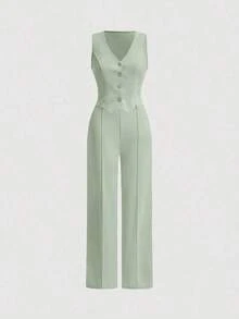 Juego De Dos Piezas Para Mujer Con Chaleco Y Pantalones De Color Sólido - Verde - Ver 1