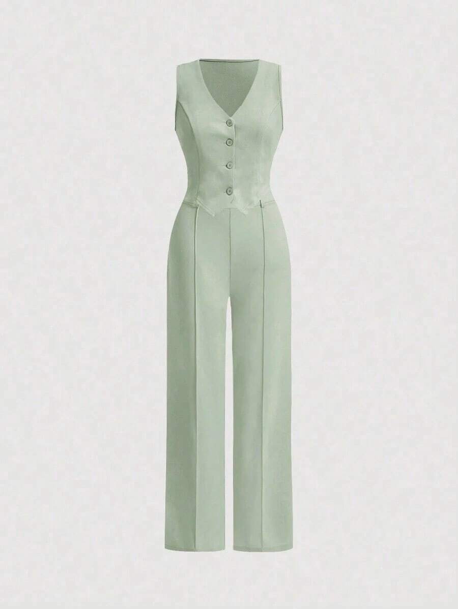 Juego De Dos Piezas Para Mujer Con Chaleco Y Pantalones De Color Sólido - Verde - Ver 1