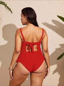 Swim Lushoire Conjunto de tankini de traje de baño de unicolor con diseño calado para mujer de talla grande - Rojo - Ver 2