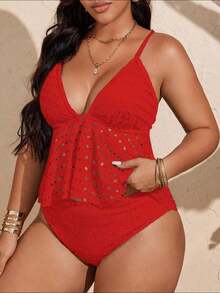 Swim Lushoire Conjunto de tankini de traje de baño de unicolor con diseño calado para mujer de talla grande - Rojo - Ver 6
