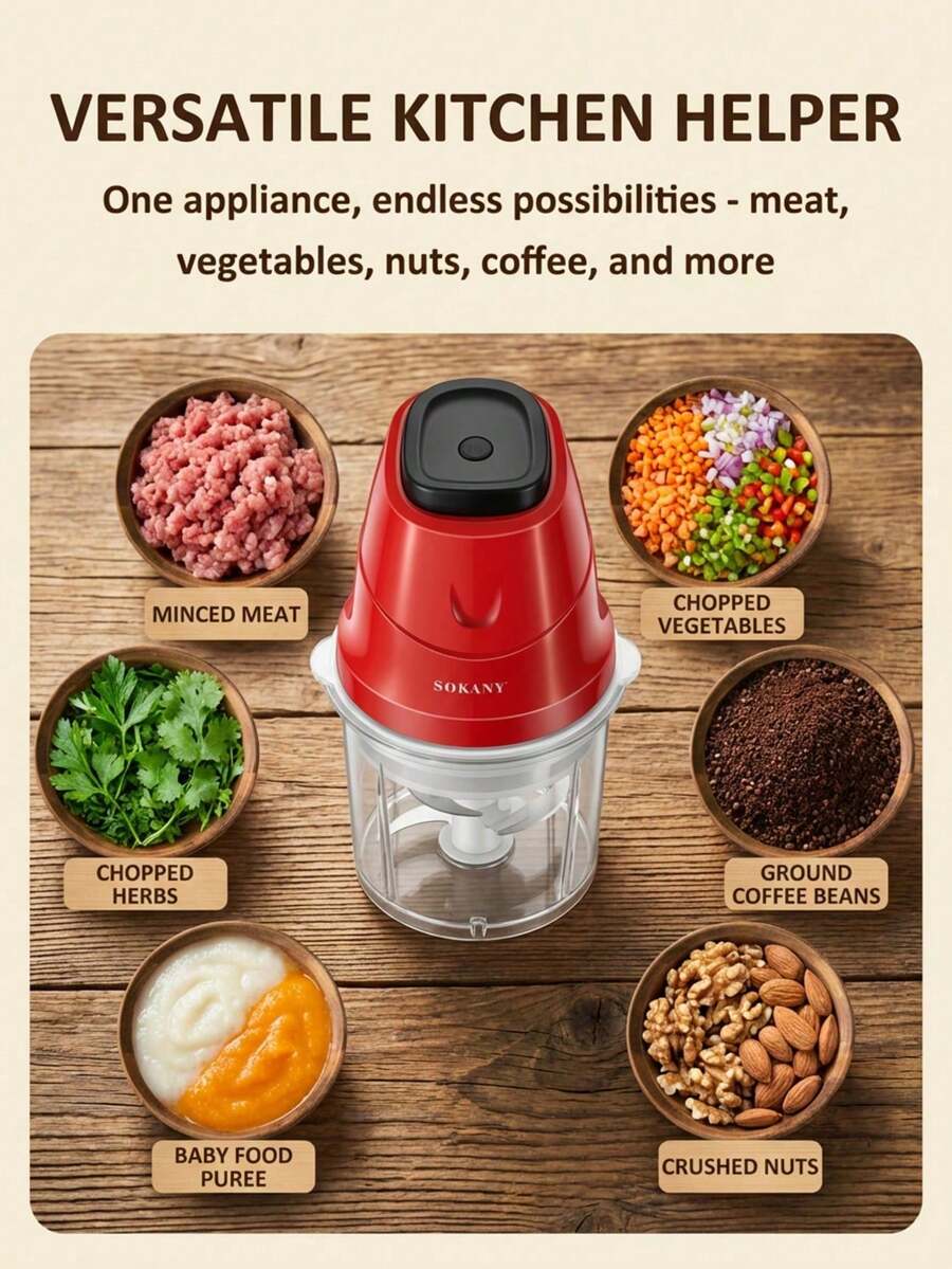 SOKANY 06009 家用绞肉机,0.7升食物处理器,烹饪机,配有2个碗和3个不锈钢刀片,适用于绞肉、蔬菜、婴儿辅食、自制餐食、宠物食品 - 紅色 - 查看 1
