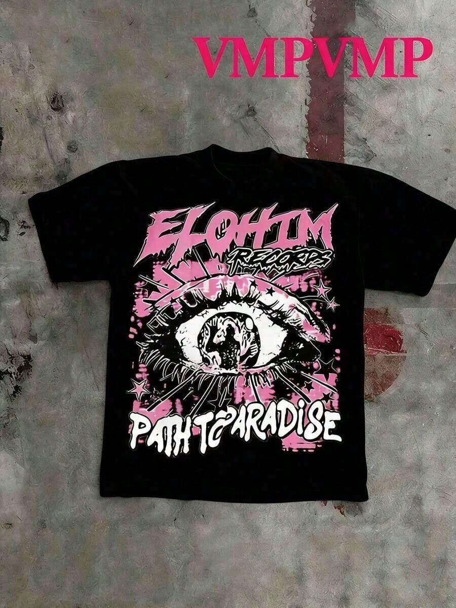 Camisetas Casuales Premium Unisex Lindas para Verano para Mujer (Impresión a Doble Cara) con Estampado de Ojos Rosados, 100% Algodón Puro - Camiseta de Manga Corta Cómoda y Vibrante de Estilo Urbano de Verano, Diseño Genial Retro para Uso Diario Masculino - Camiseta Unisex Vintage de Estilo Urbano, Holgada, de Algodón, Manga Corta y Cuello Redondo - Negro - Ver 1