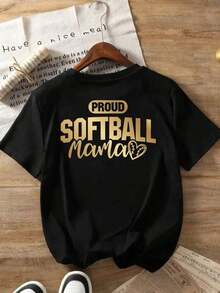 Women's Casual T-Shirt, Versatile And Fashionable Top, Front And Back Print T-Shirt, "Proud Softball Mom", Soft Baseball Print, Round Neck, Short Sleeve, Casual And Elegant Style, Double-Sided Print T-Shirt For Women, New Summer Collection, 100% Cotton, Durable. - 黑色 - 查看 2