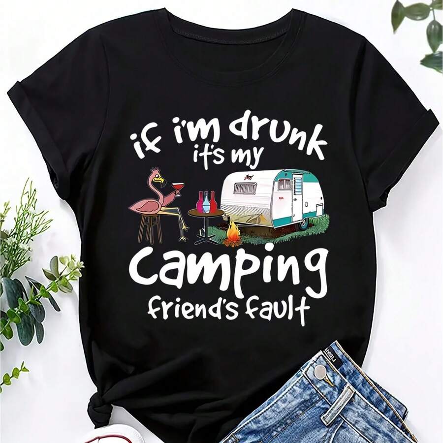 Camiseta informal de manga corta con cuello redondo y estampado de flamencos para mujer, de tejido de punto ligeramente elástico.