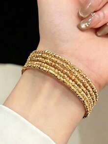 1 chiếc vòng tay bạc nghiền thủ công đính hạt ba lớp năm lớp hở mạ vàng 24K, vòng tay kim loại sang trọng nhẹ nhàng nhiều lớp cá nhân hóa, trang sức đeo tay thanh lịch đa năng dành cho nữ. - Nhiều màu - Xem 1