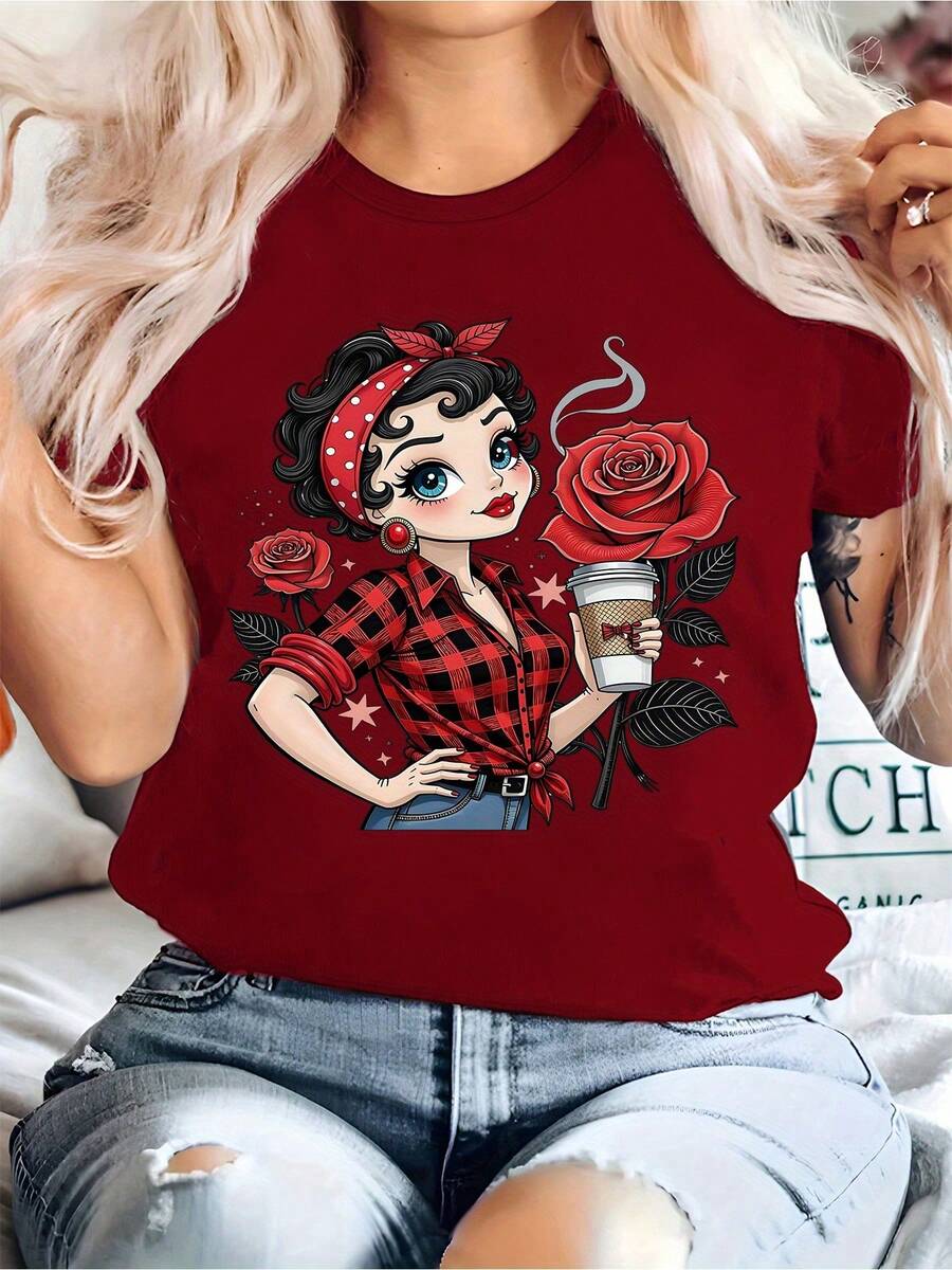 Camiseta manga corta cuello redondo 100% algodón, estampado trendy, tejido ligero y ventilado, estilo moda casual, apta para vida diaria, salidas informales y citas en primavera, verano y otoño - Burdeos - Ver 1